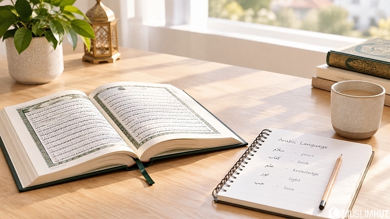 a serene arabic language study desk