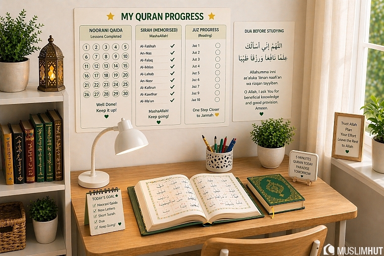 cozy quran study corner with progress charts