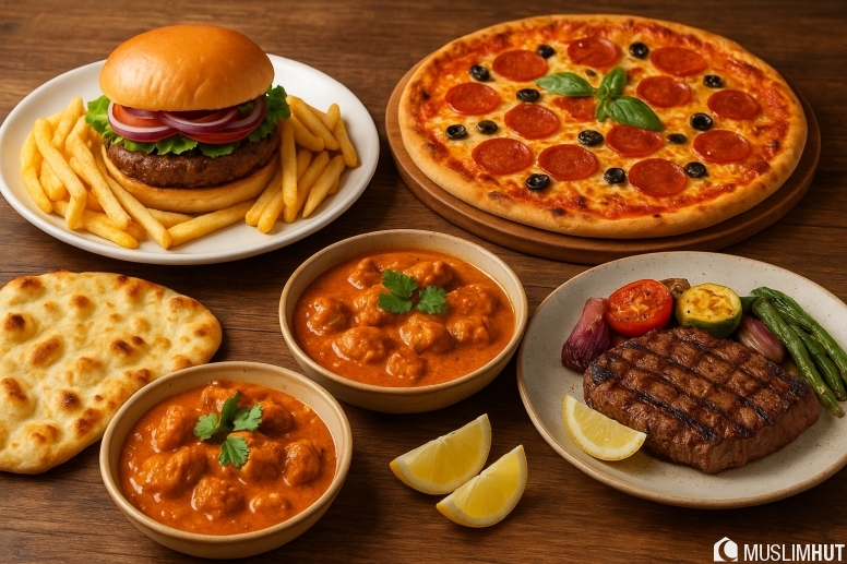 halal feast on rustic table