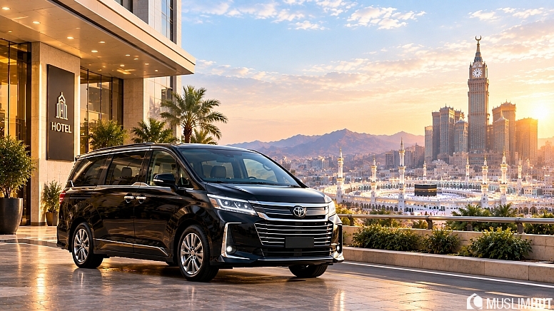 luxury van beside makkahs grand skyline