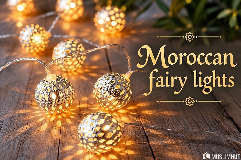moroccan fairy lights on rustic wood