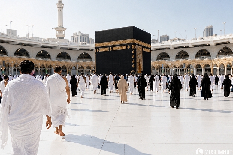 pilgrims in the grand mosque courtyard
