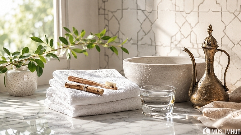 serene bathroom still life with brass ewer